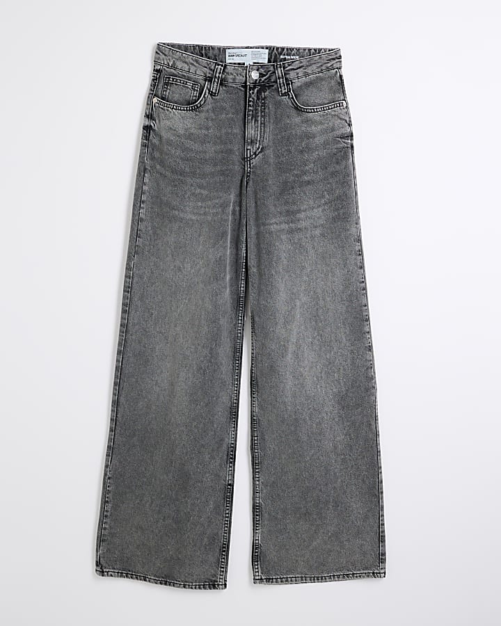 Grey Denim Mid Rise Wide Leg Jeans