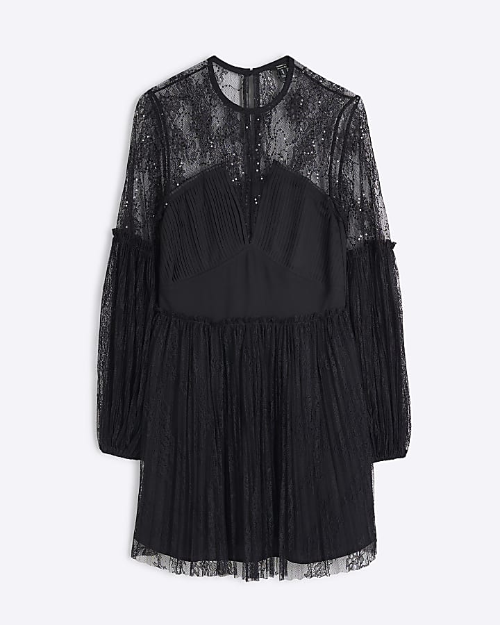 Black Lace Sequin Long Sleeve Mini Dress