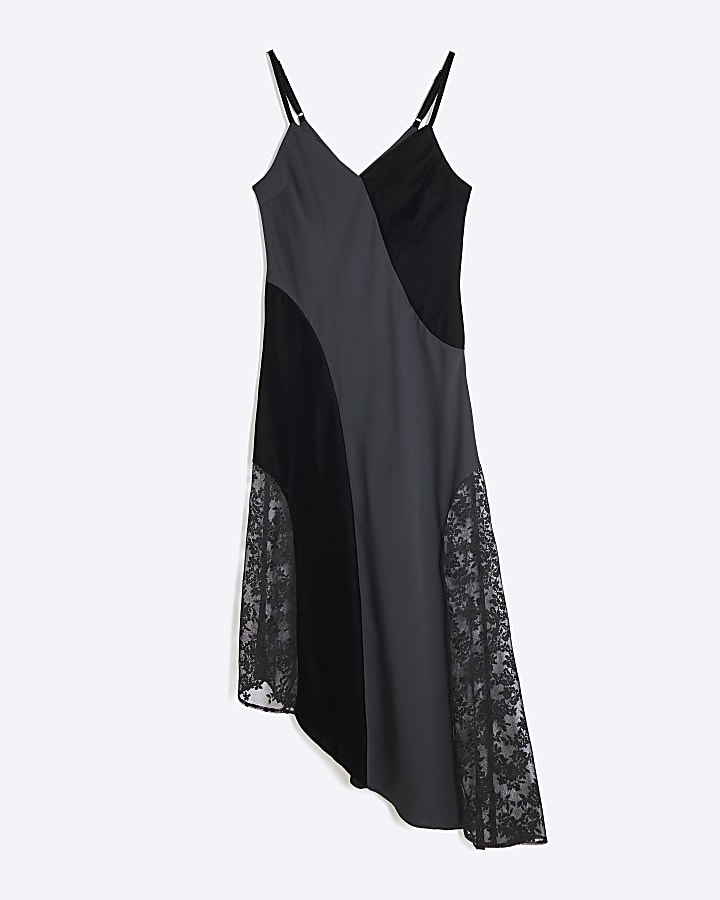 Black Satin Velvet And Lace Slip Dress