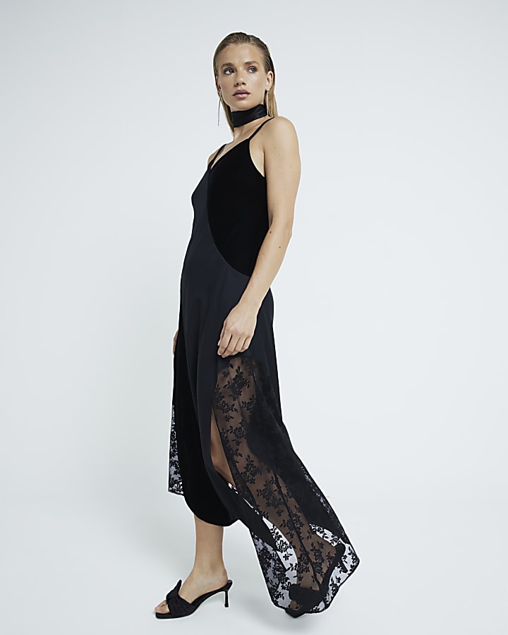 Black Satin Velvet And Lace Slip Dress