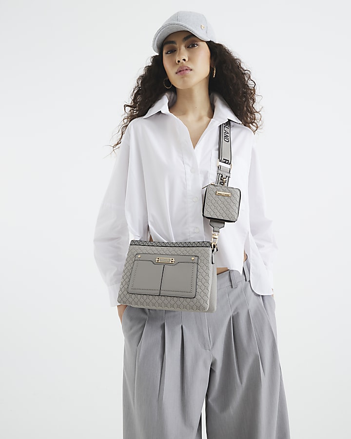 Grey Monogram Cross Body Bag River Island