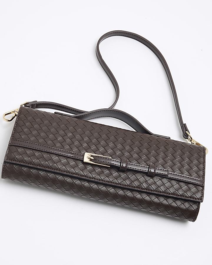 Brown Woven Buckle Shoulder Strap Clutch Bag