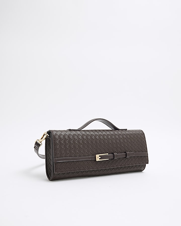 Brown Woven Buckle Shoulder Strap Clutch Bag