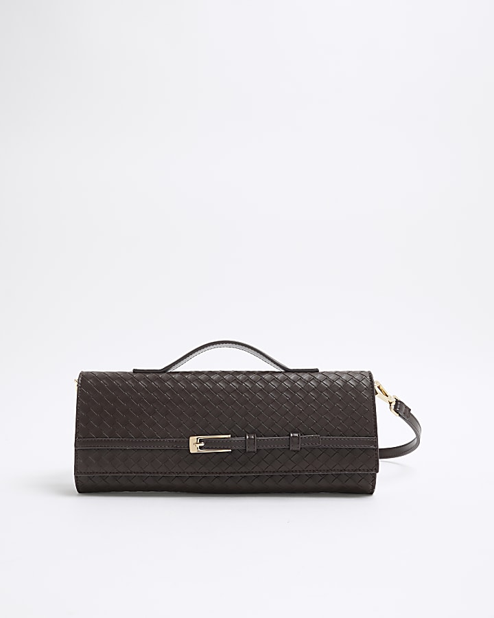 Brown Woven Buckle Shoulder Strap Clutch Bag