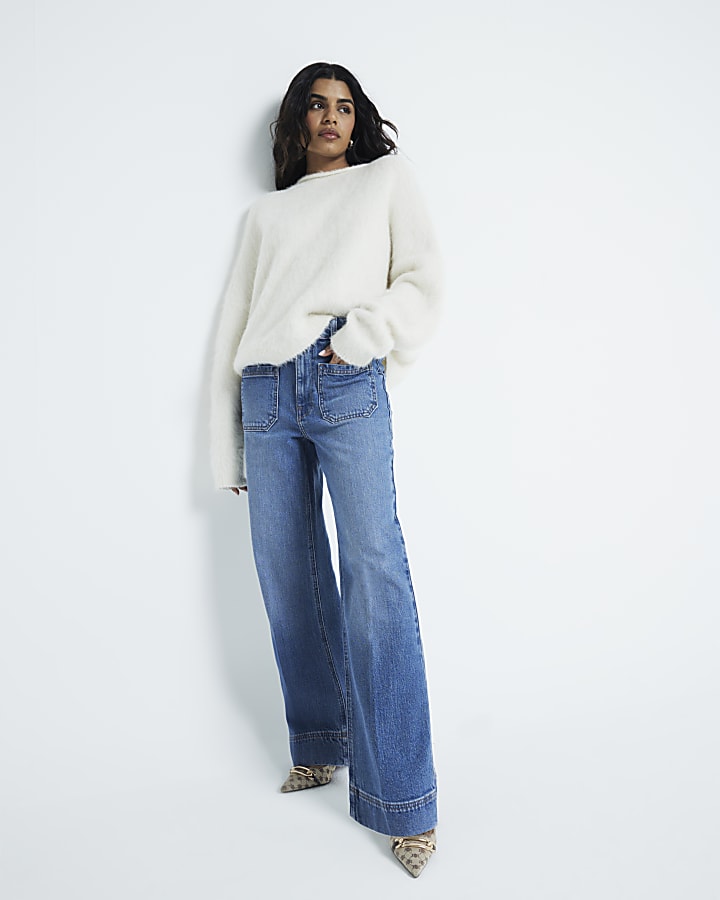 Petite Blue High waisted pocket wide leg jean