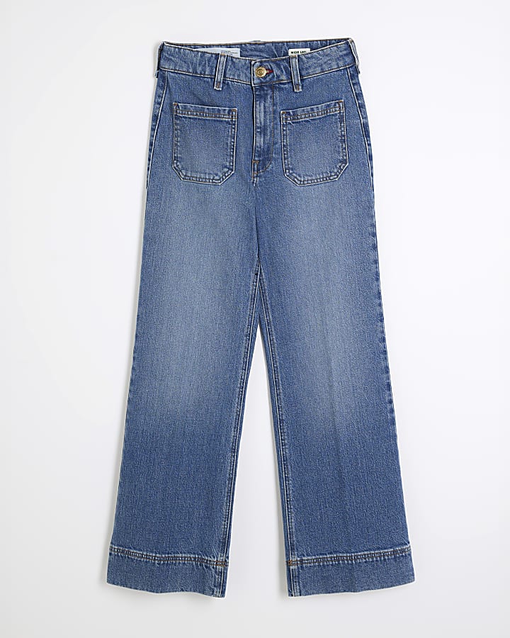 Petite Blue High waisted pocket wide leg jean