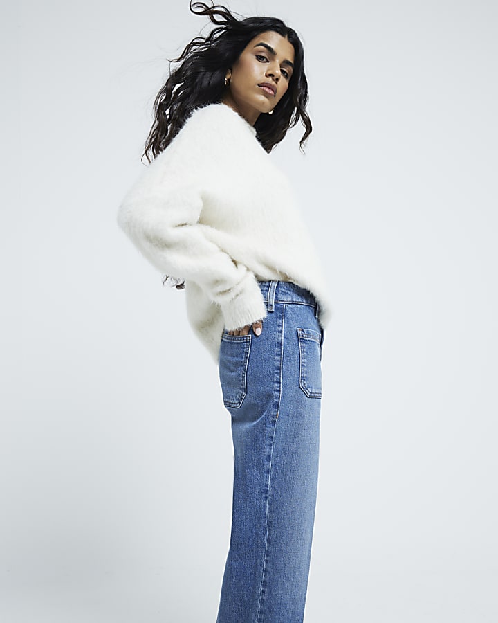 Petite Blue High waisted pocket wide leg jean
