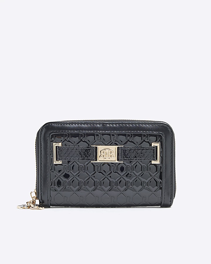 Black Ri Monogram Embossed Flower Charm Purse