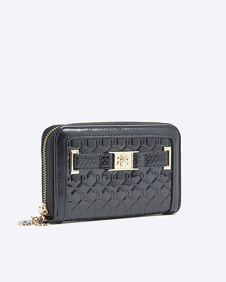 Black Ri Monogram Embossed Flower Charm Purse