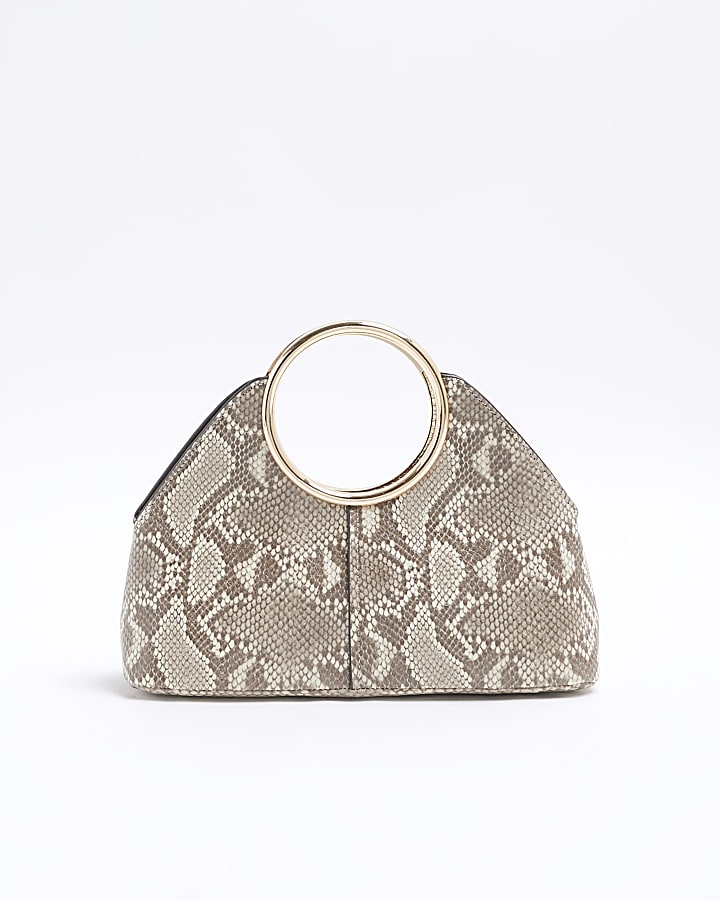 Beige Snake Ring Handle Clutch Bag