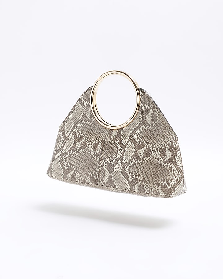 Beige Snake Ring Handle Clutch Bag