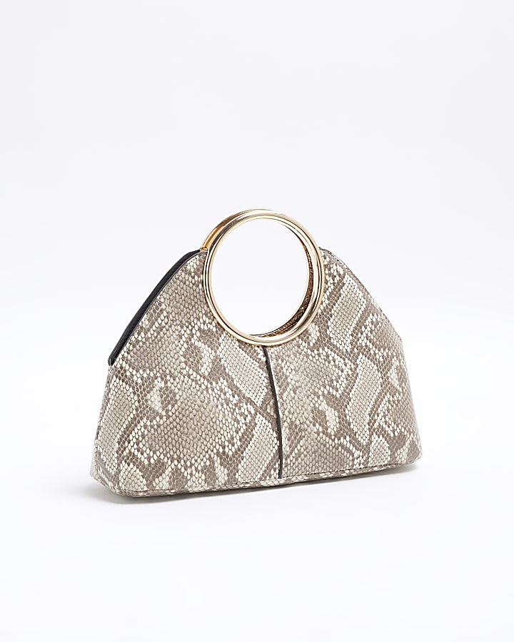 Beige Snake Ring Handle Clutch Bag