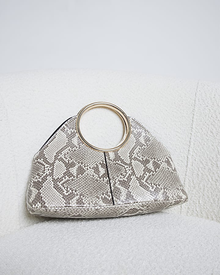 Beige Snake Ring Handle Clutch Bag