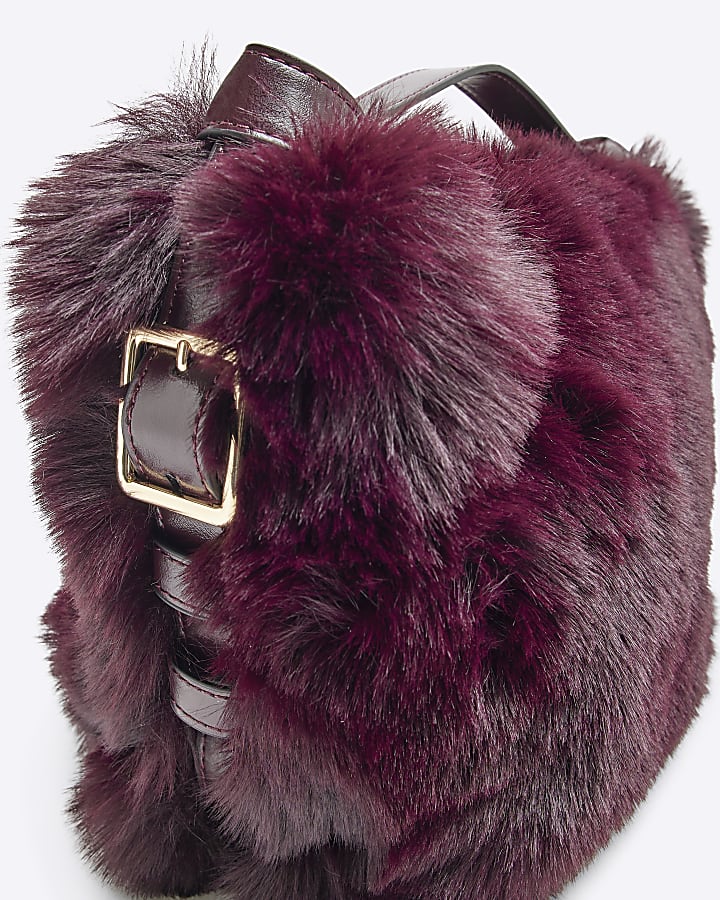 Red Faux Fur Buckle Shoulder Bag