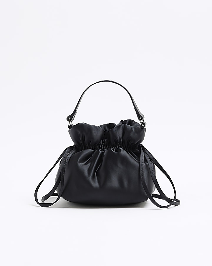 Black Satin Corsage Top Handle Bucket Bag