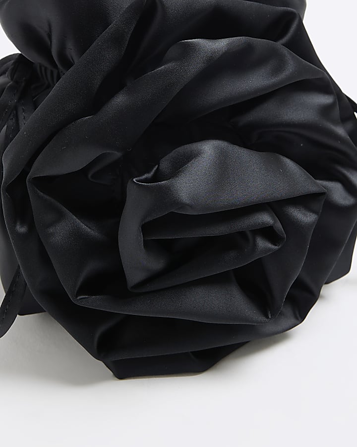 Black Satin Corsage Top Handle Bucket Bag