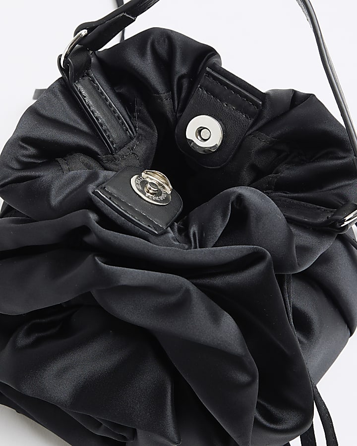 Black Satin Corsage Top Handle Bucket Bag