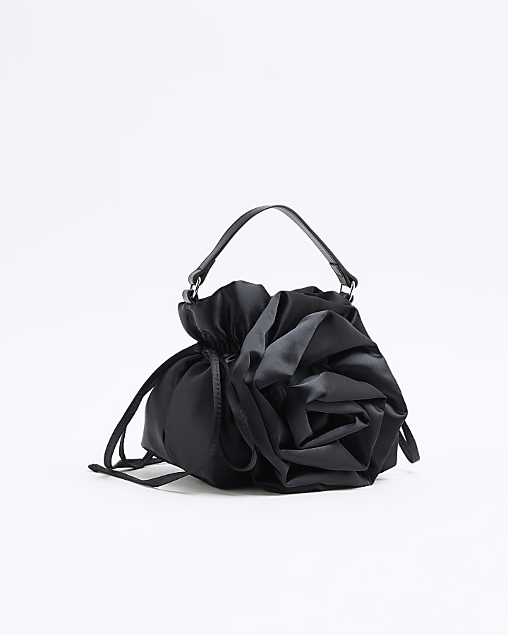 Black Satin Corsage Top Handle Bucket Bag