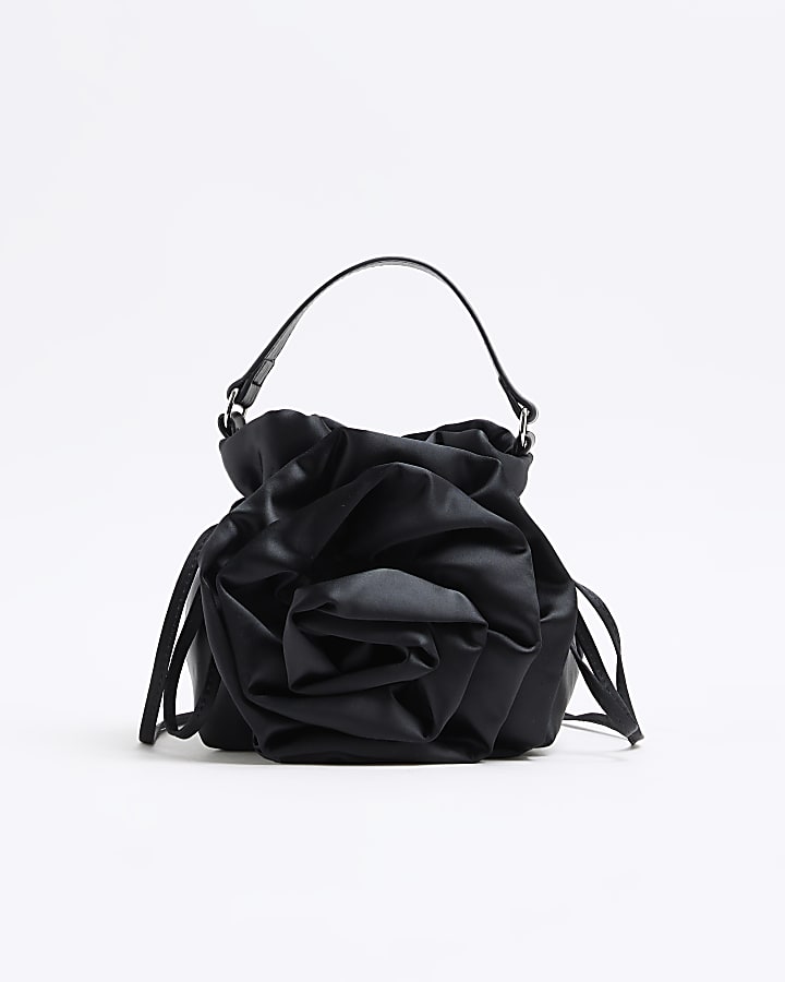 Black Satin Corsage Top Handle Bucket Bag