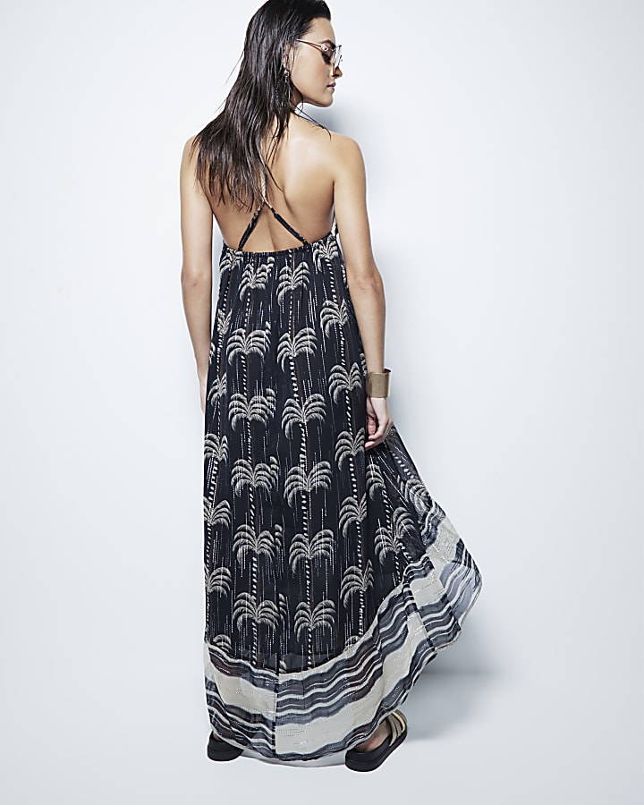 Black Monochrome Palm Print Maxi Dress