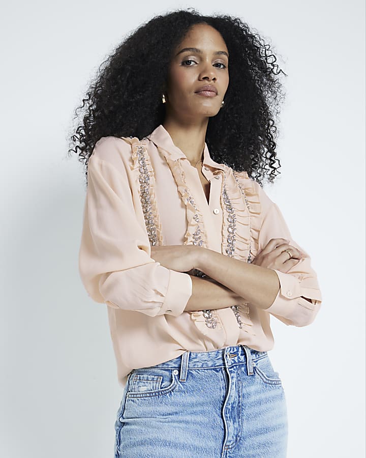 Pink Long Sleeve Frill Diamante Trim Shirt