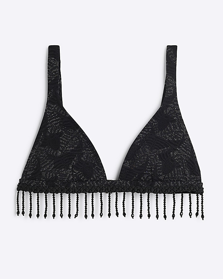 Black Jacquard Western Tassel Bikini Top