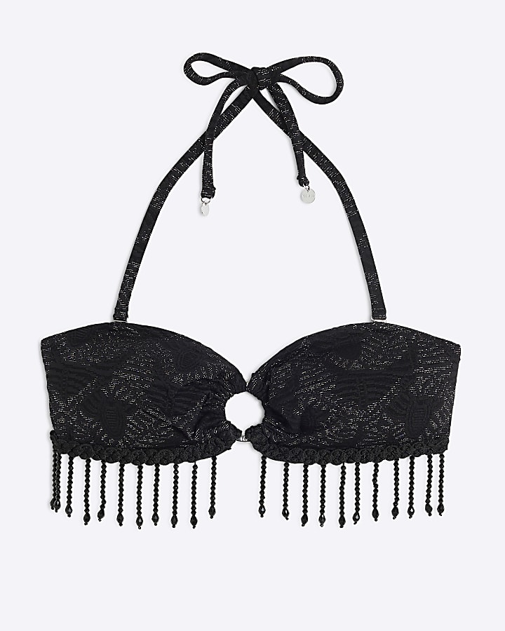 Black Bandeau Western Tassel Bikini Top