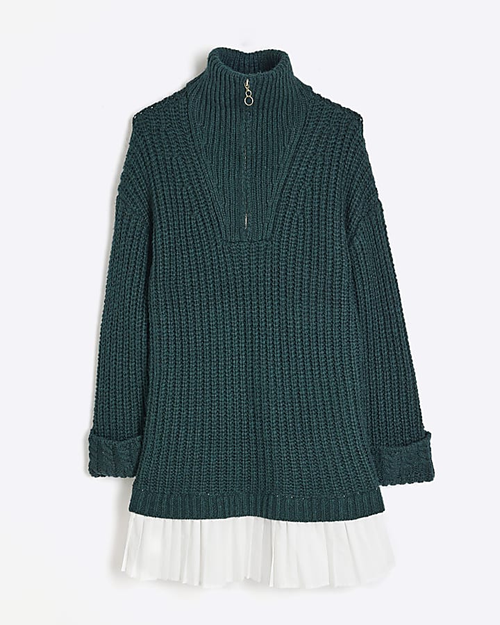 Petite Khaki Half Zip Jumper Mini Dress