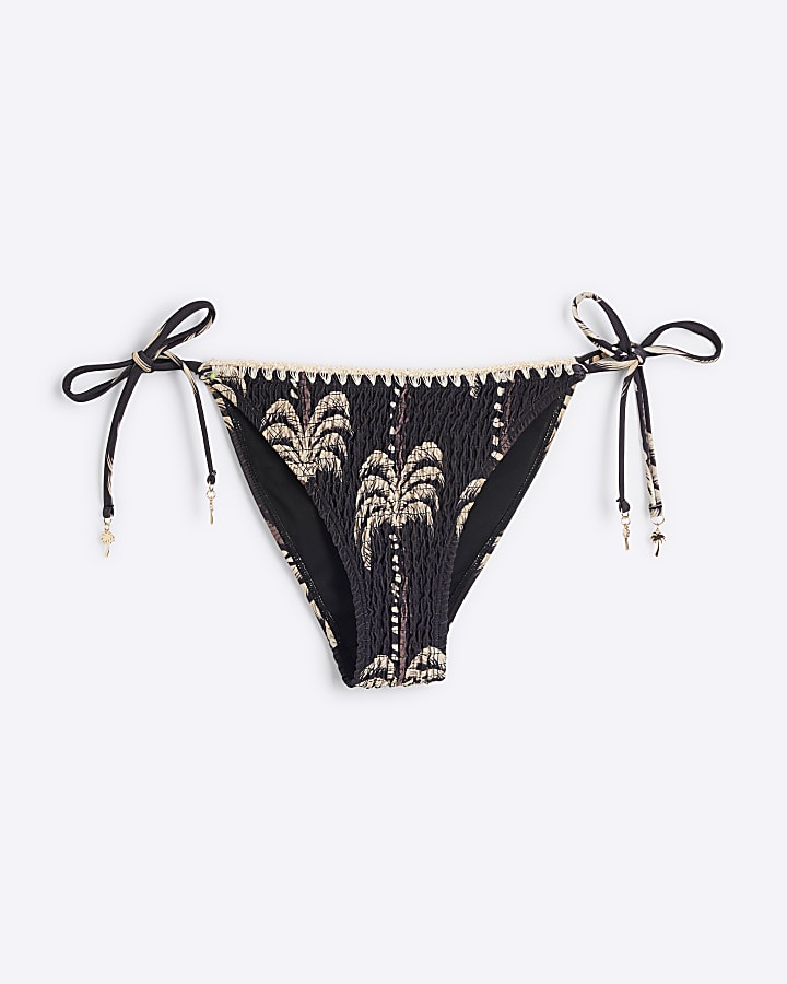 Black Palm Shirred Tie Side Bikini Bottoms