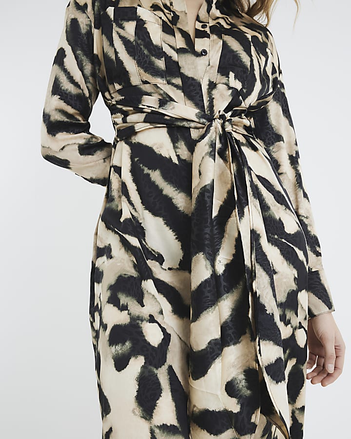 Cream Long Sleeve Tie Zebra Midi Shirt Dress