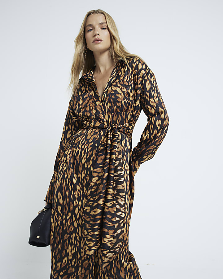 Black Animal Print Midi Shirt Dress