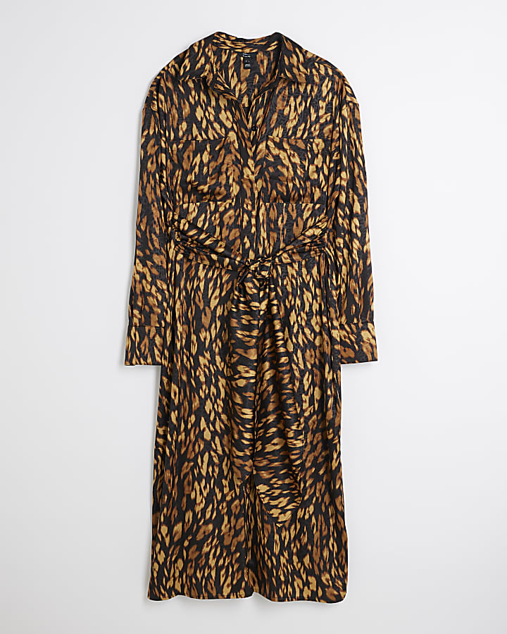 Black Leopard Print Midi Shirt Dress
