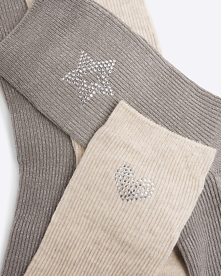 Grey & Beige 2 Pack Gift Set Diamante Socks