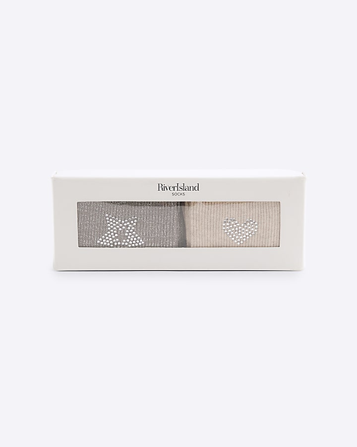 Grey & Beige 2 Pack Gift Set Diamante Socks