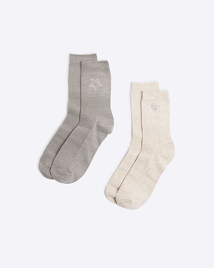 Grey & Beige 2 Pack Gift Set Diamante Socks