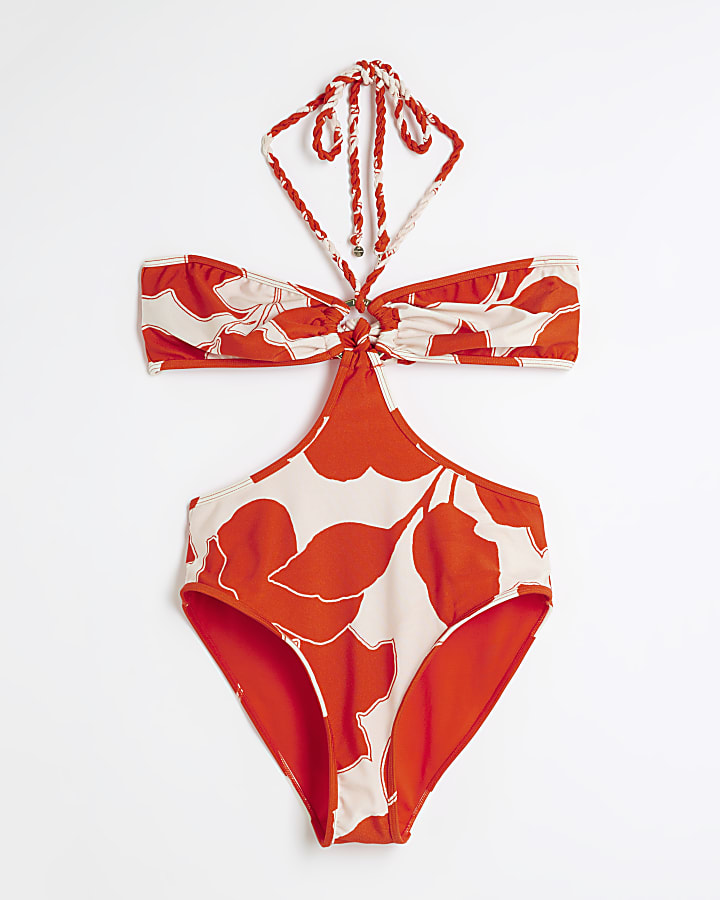 Red Floral Ring Cut Out Swimsuit