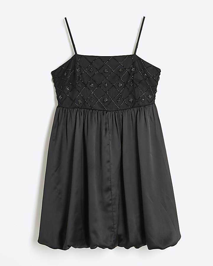 Black Bubble Hem Embroidered Mini Dress