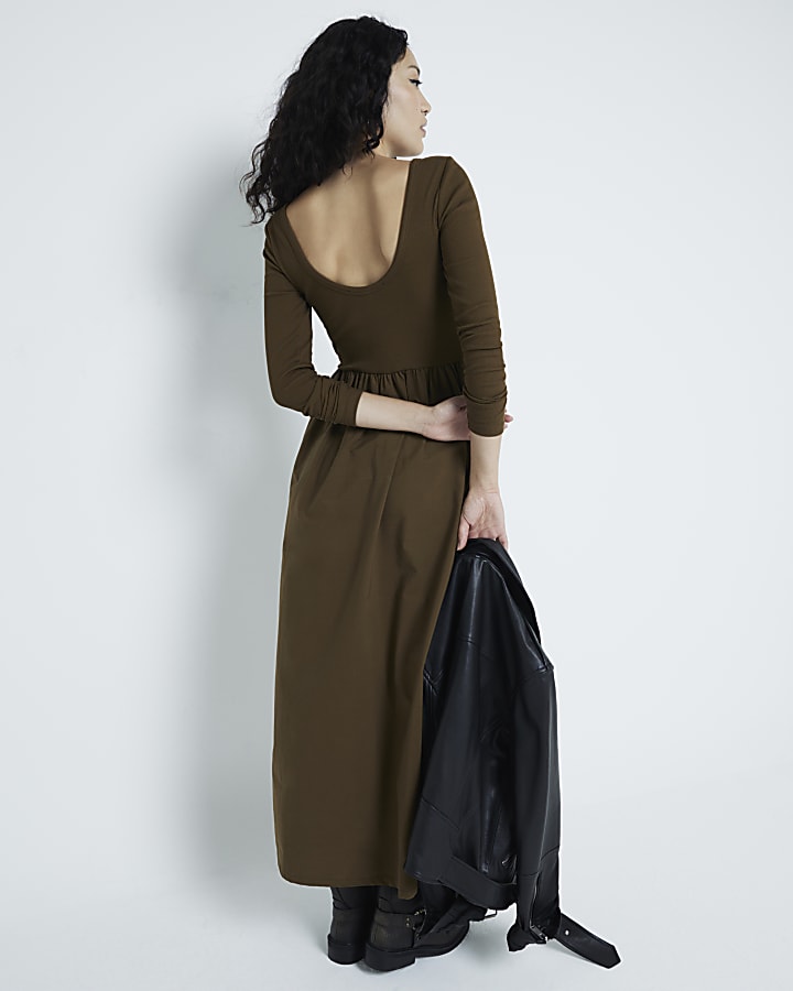 Khaki Poplin long sleeve midi Dress