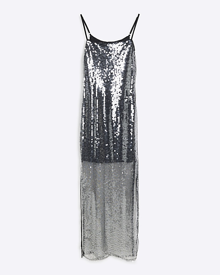 Silver Strappy Sequin Slip Maxi Dress