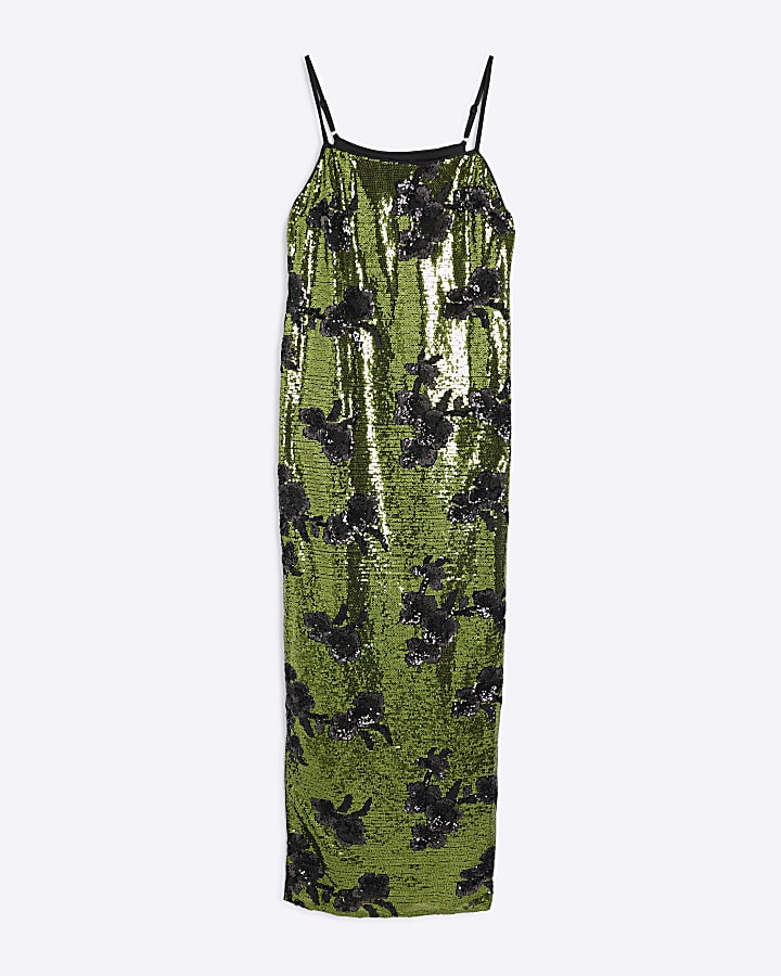 Green Sequin Strappy Floral Slip Maxi Dress