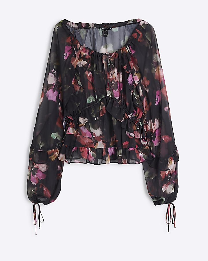 Black Chiffon Floral Ruffle Blouse