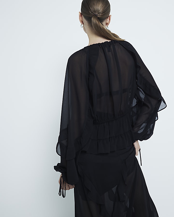 Black Chiffon Ruffled Tie Detail Blouse