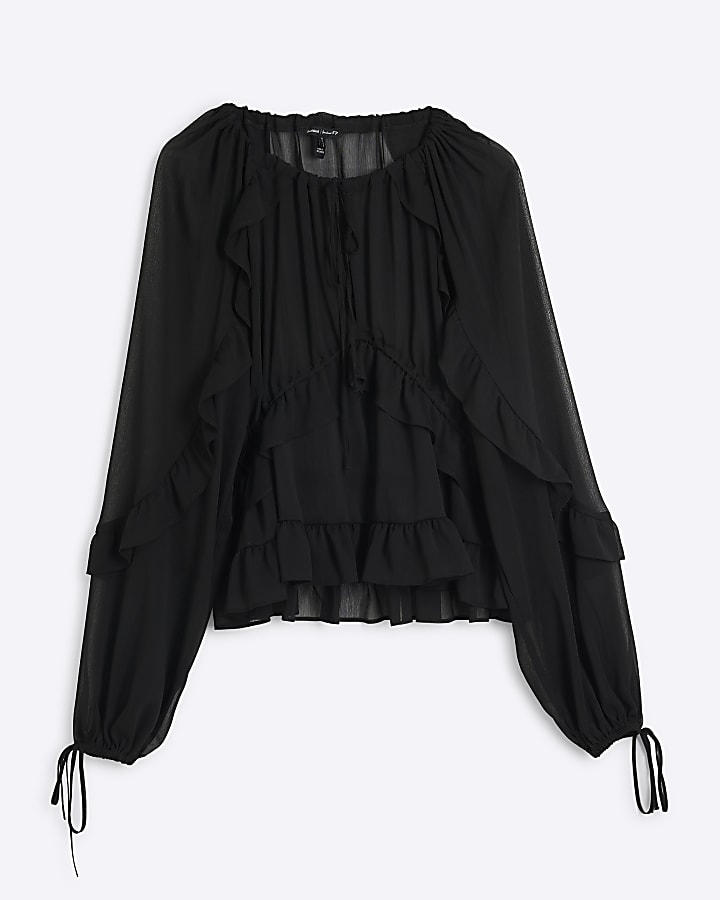 Black Chiffon Ruffled Tie Detail Blouse