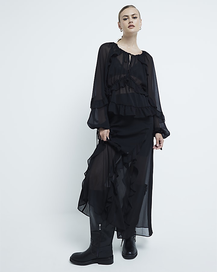 Black Chiffon Ruffled Tie Detail Blouse