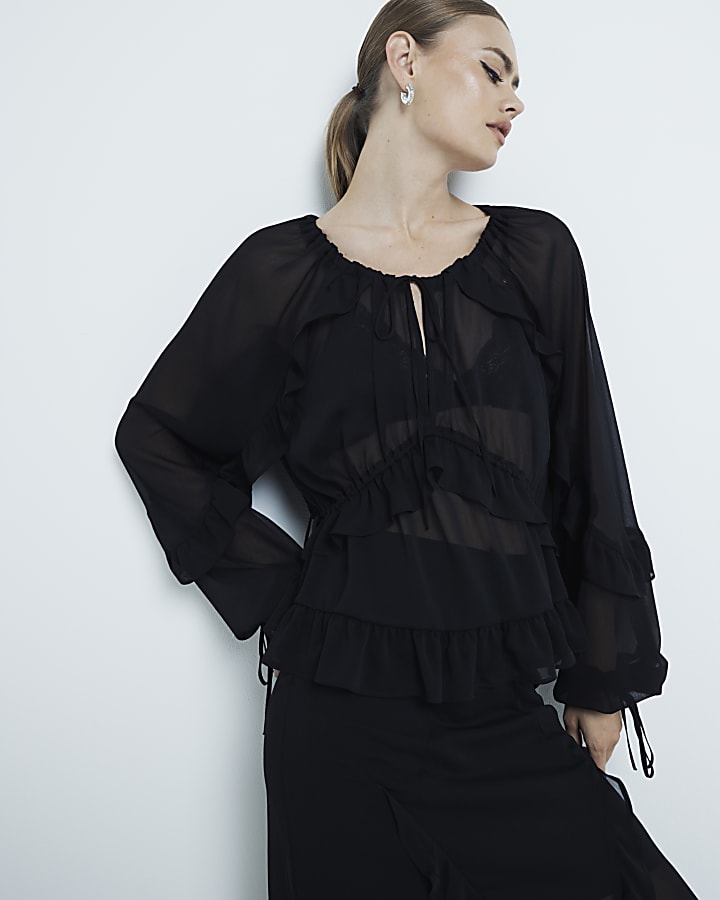 Black Chiffon Ruffled Tie Detail Blouse