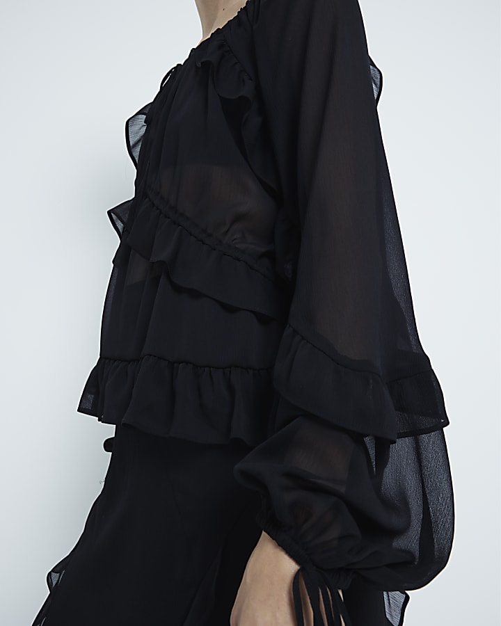 Black Chiffon Ruffled Tie Detail Blouse