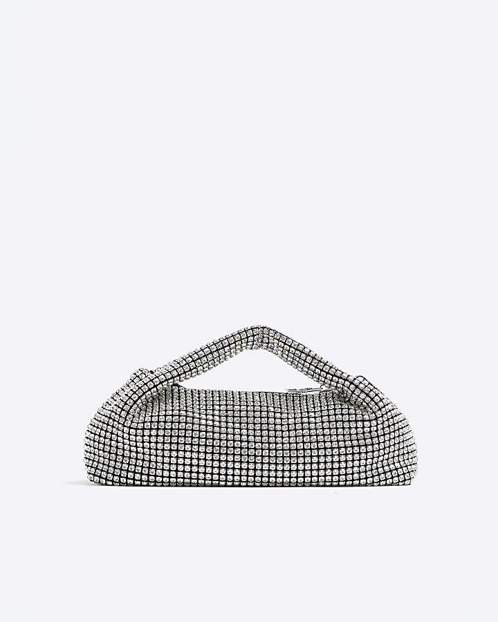 Silver Diamante Scoop Clutch Bag