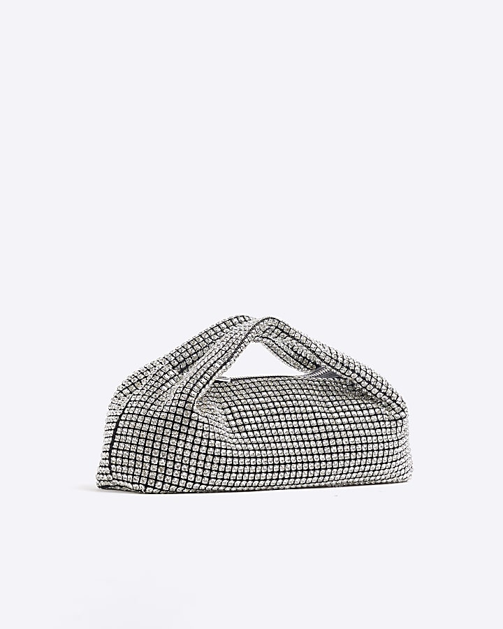 Silver Diamante Scoop Clutch Bag