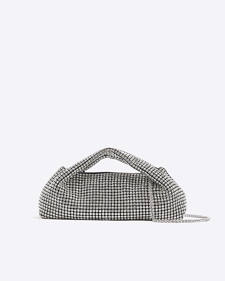 Silver Diamante Scoop Clutch Bag