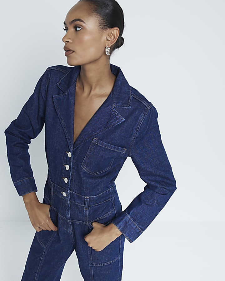 Blue Denim Long Sleeve Jumpsuit